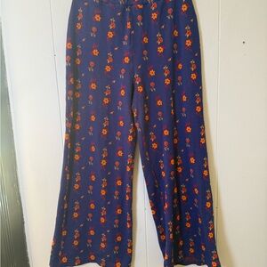 Vintage 70s Blue Knit Flare Pants Floral Print Elastic Waist Size 8